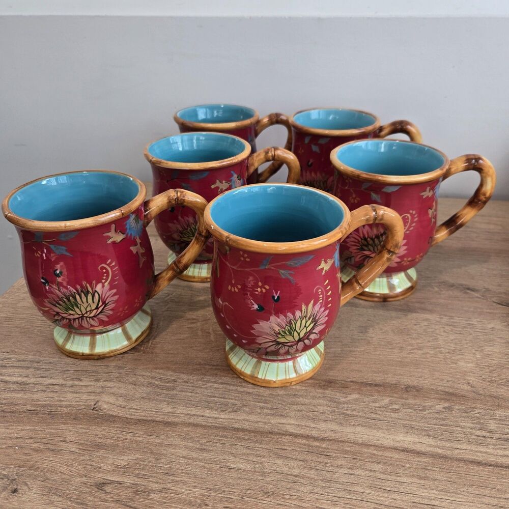 6 Tracy Porter Artesian‎ Road Hand-Painted mugs set Floral 4 5/8"